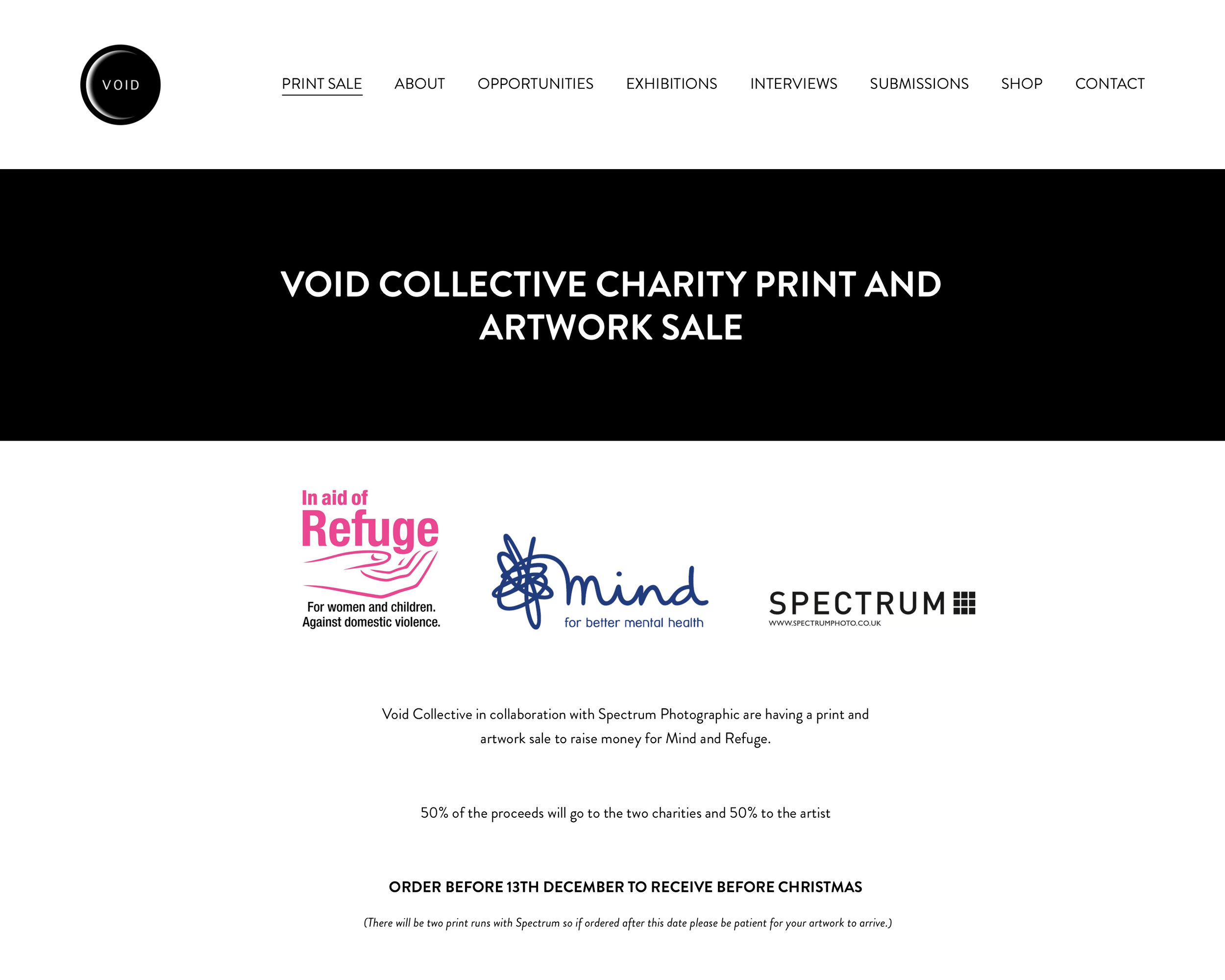 VOID Collective website, Charity Print Sale -