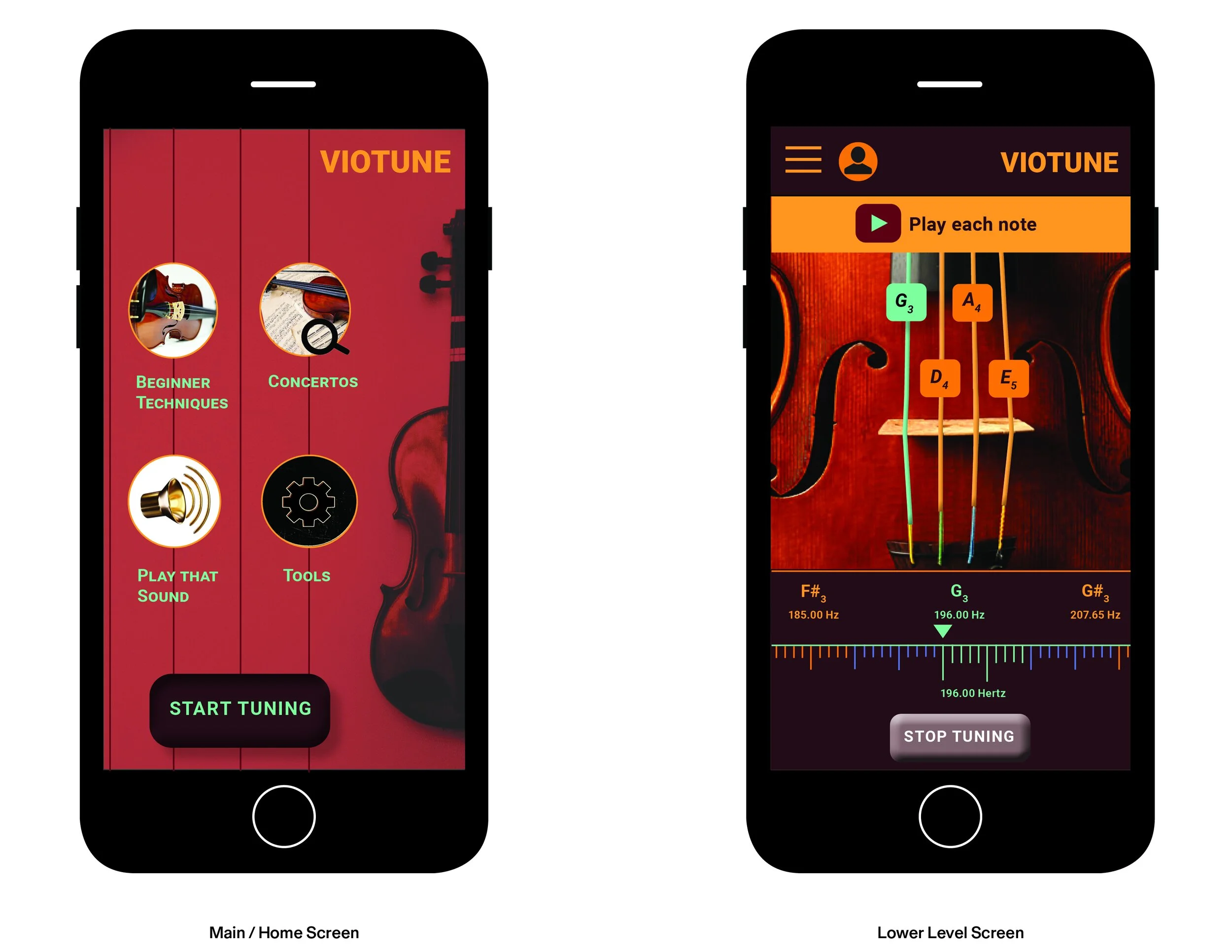 VIOTUNE is an application that was created to tune violins via smartphone or a smart device. Users of all levels can easily tune their violins from the comfort of their homes, or on tour.