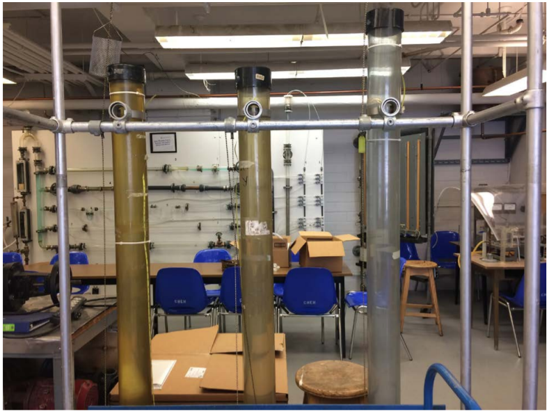 Where the experiment will mainly be conducted where objects can be dropped into each column to examine the drag effects the object experiences. From left to right: Water. Carbopol, Glycol.