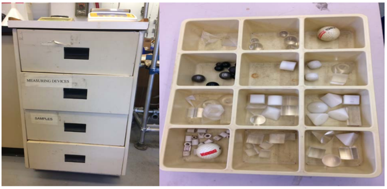 In this drawer, you can find all the sorts of objects you can drop into each column. Each object in each bin is different by shape, size, or material.