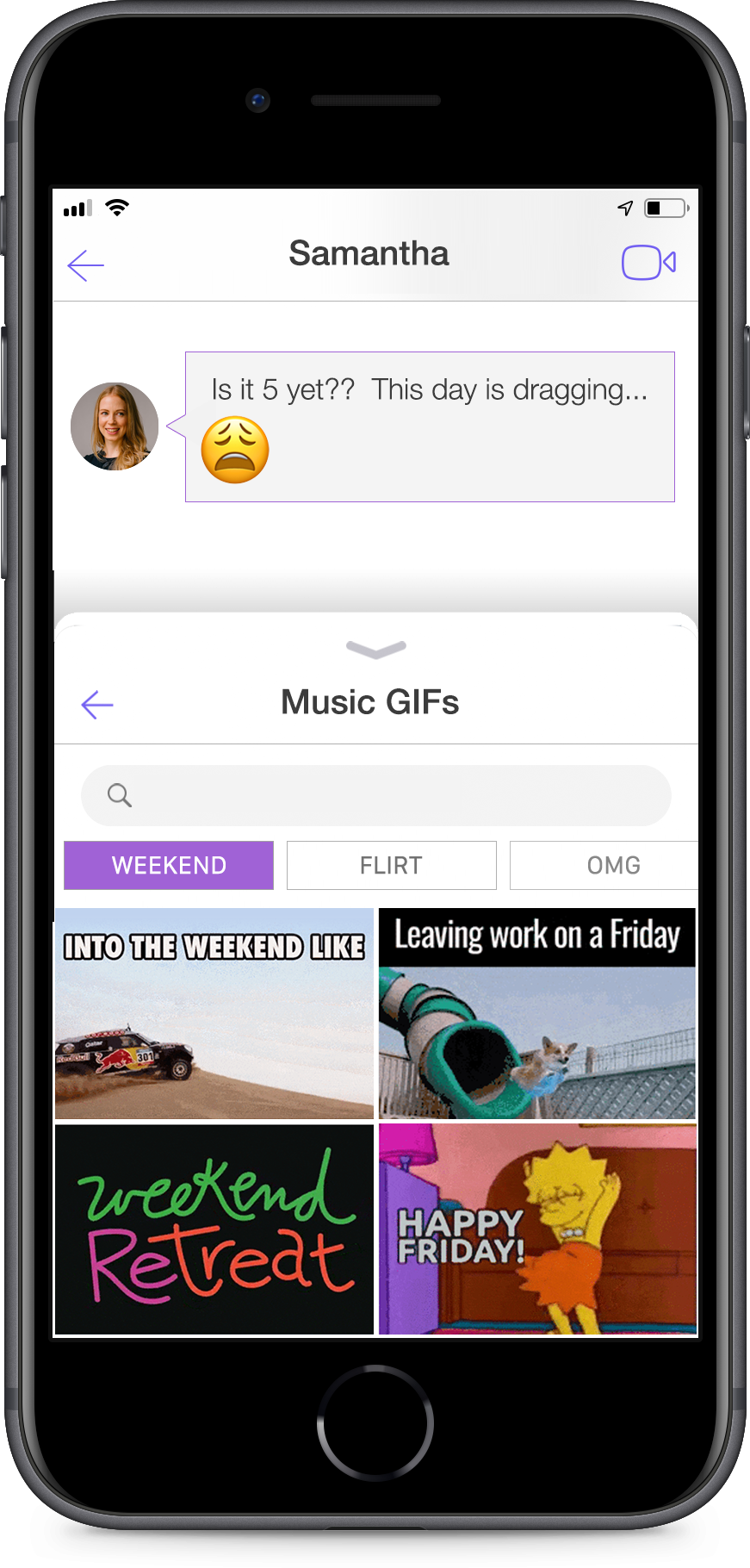 Songclip + GIF tray open in messaging chat