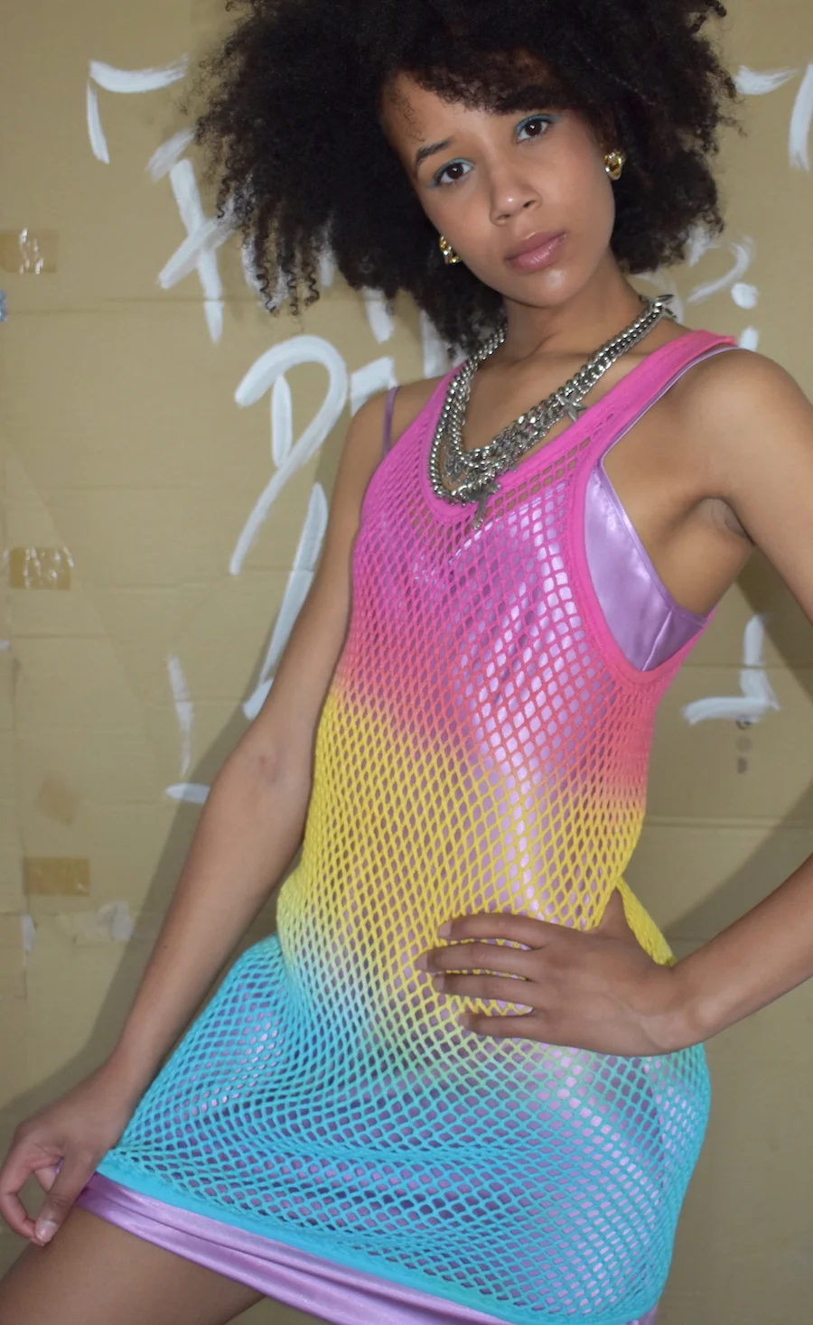 #35IH THRIFT EXCLUSIVE RAINBOW MESH DRESS SHANI9.JPG