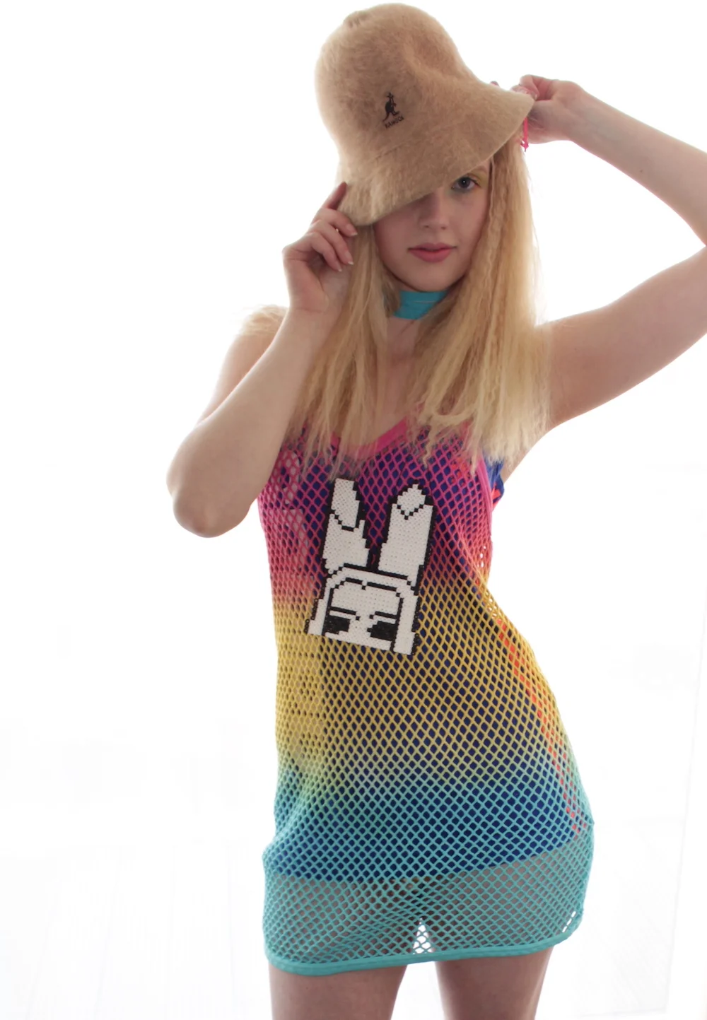 #35IH THRIFT EXCLUSIVE RAINBOW MESH DRESS AMY BUCKET HAT.JPG