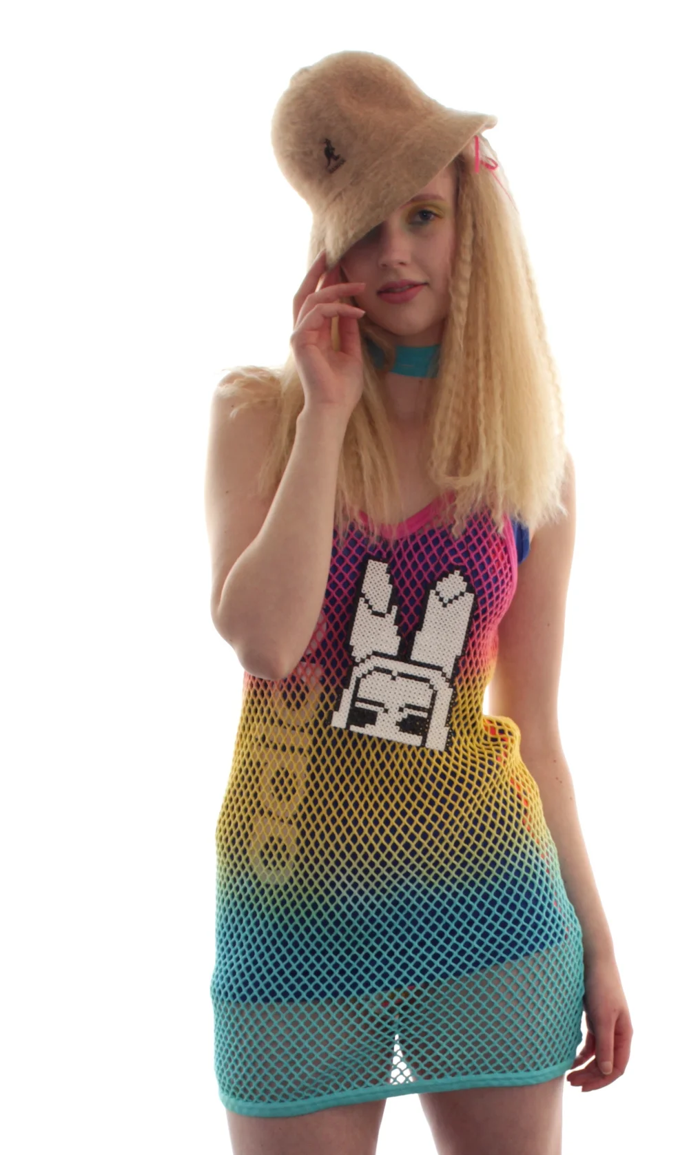 #35IH THRIFT EXCLUSIVE RAINBOW MESH DRESS AMY BUCKET HAT2.JPG