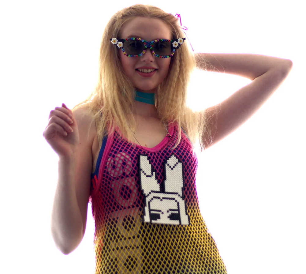 #35IH THRIFT EXCLUSIVE RAINBOW MESH DRESS AMY CLOSER.JPG