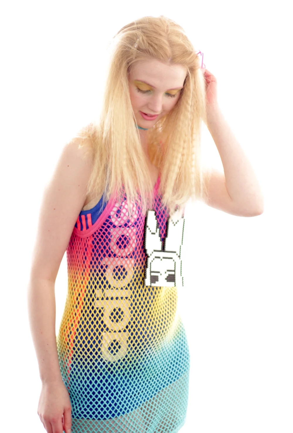#35IH THRIFT EXCLUSIVE RAINBOW MESH DRESS AMY LOOK DOWN.JPG