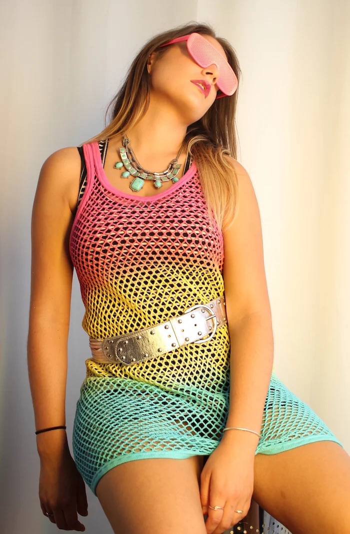 #35IH THRIFT EXCLUSIVE RAINBOW MESH DRESS WITH GLASSES.JPG