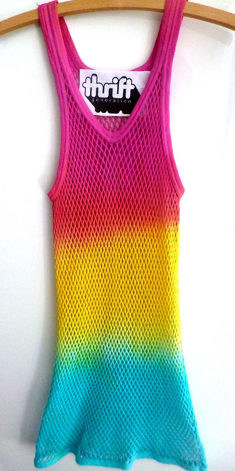 #35IH THRIFT EXCLUSIVE RAINBOW MESH DRESS ON HANGER.JPG