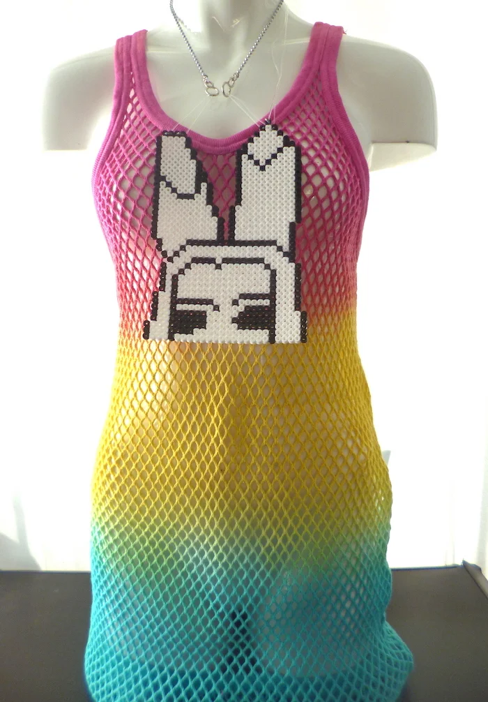 #35IH THRIFT EXCLUSIVE RAINBOW MESH DRESS ON MANNEQUIN STRAIGHT.JPG