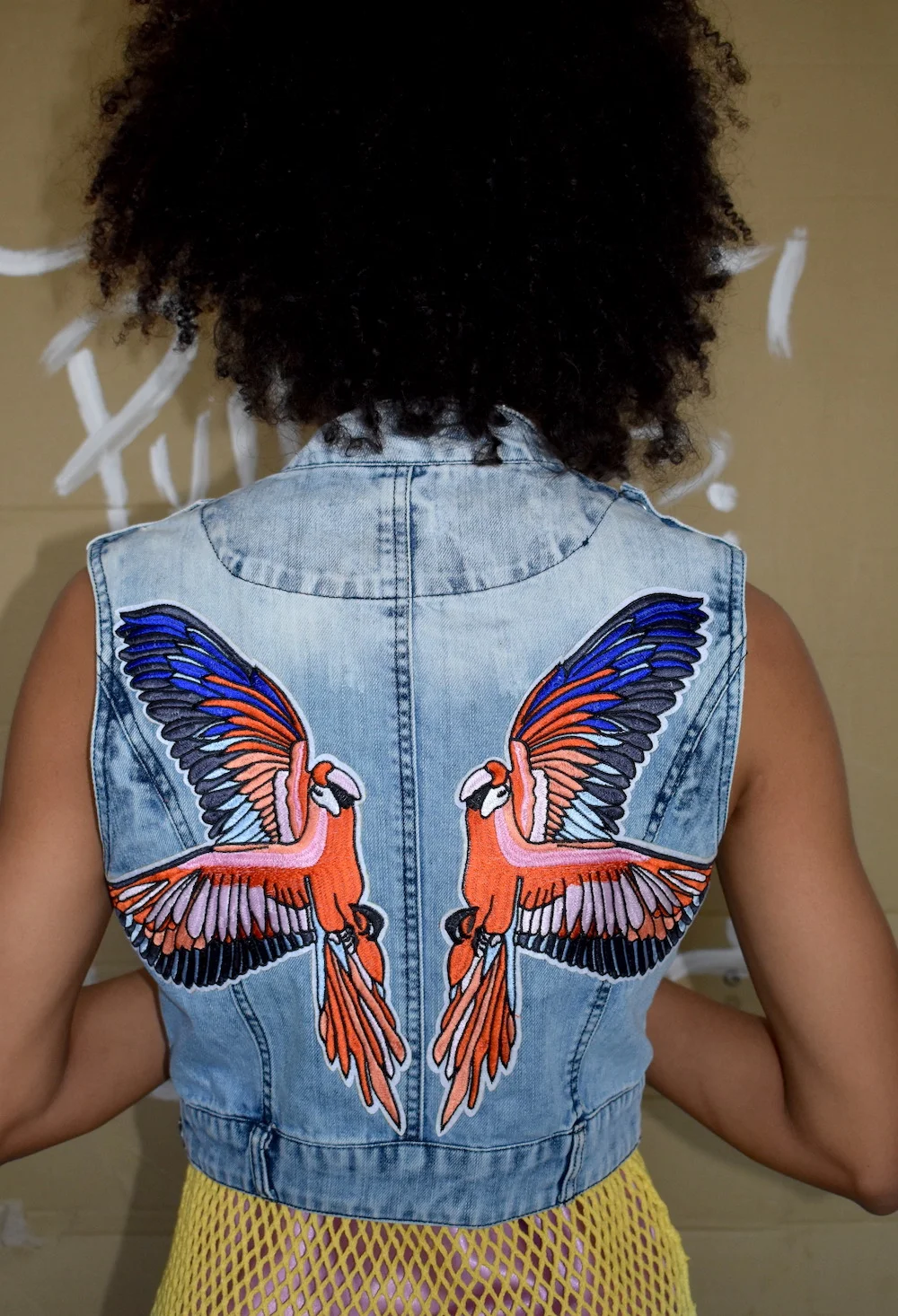 #3ih  "Polly wants a cracker” SLEEVELESS DENIM BIKER STYLE STONEWASH JACKET  back2