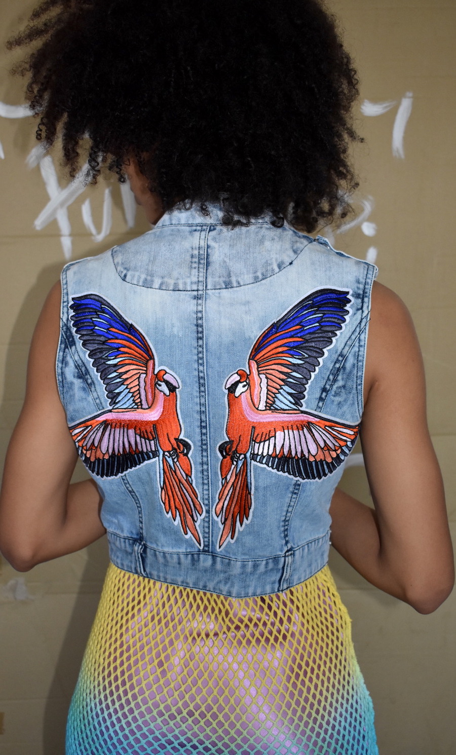 #3ih  "Polly wants a cracker” SLEEVELESS DENIM BIKER STYLE STONEWASH JACKET  back3