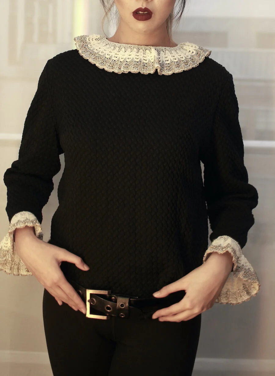 #10AW BLACK L/S QUILTED  VINTAGE TOP