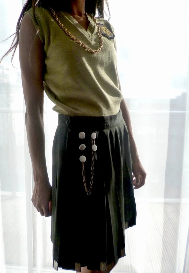 #30AW BOX PLEAT DARK KHAKI GREEN SKIRT