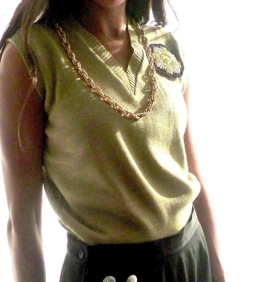 #33AW SAGE KNIT TANK WITH FAUX FUR &amp; MILITARY BADGE 