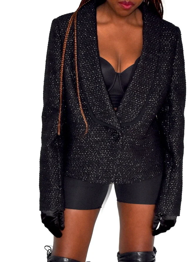 #47AW LADIES BLACK &amp; GOLD VINTAGE COCKTAIL JACKET BY JAEGER 