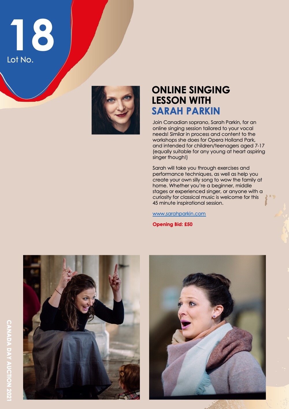   ONLINE SINGING LESSON WITH SARAH PARKIN    Join Canadian soprano, Sarah Parkin, for an online singing session tailored to your vocal needs! Similar in process and content to the workshops she does for Opera Holland Park, and intended for children/t