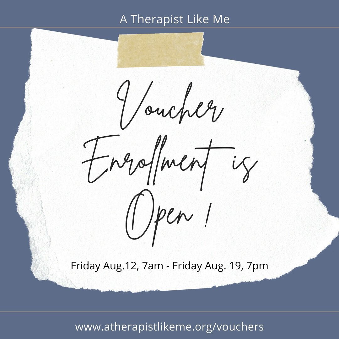 Voucher enrollment is now open! Apply for up to 16 vouchers of up to $100 to see a therapist in our directory. Our therapists are diverse in gender, race, ethnicity, disability, sexuality &amp; nuerotype. 

Vouchers must be used within our fiscal yea