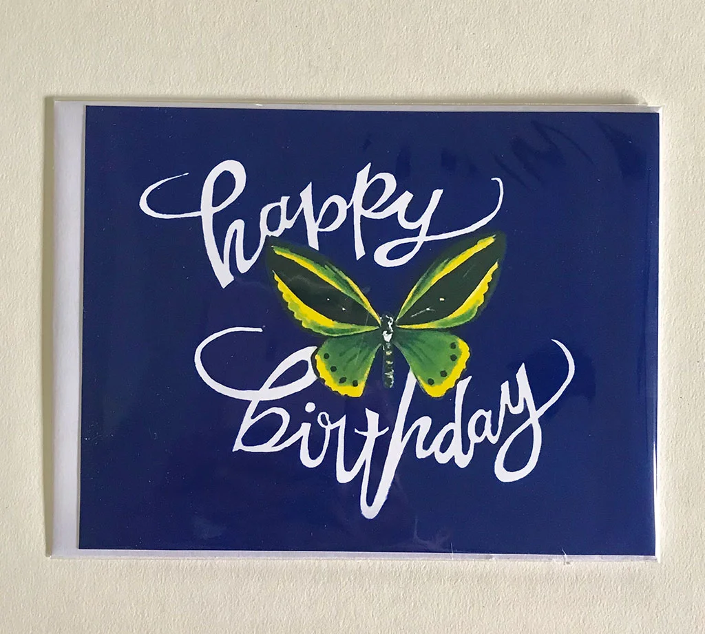 Pollinators Greeting Card Folded 4.25"x5.5" - Green Butterfly Happy Birthday