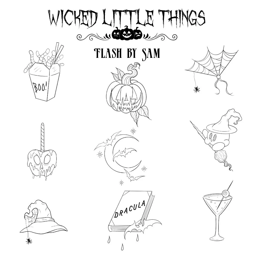 Wicked Little Things 🕷️✨
@samjadeink Halloween flash is here &mdash; a mix of creepy snacks, classic monsters, and witchy icons. Each design is one-of-a-kind, which means once it&rsquo;s claimed, it&rsquo;s gone for good.

Check our stories + highli