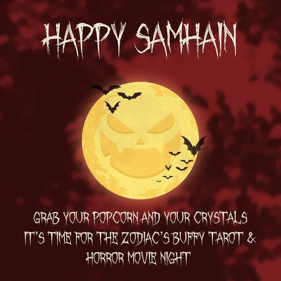 The veil&rsquo;s thin, the popcorn&rsquo;s ready, and your tarot pull is waiting. 🍿✨
Each sign gets a Buffy-inspired card and a spooky movie to match.

Want your own reading before the next full moon? Book with Heidi and see what&rsquo;s haunting yo