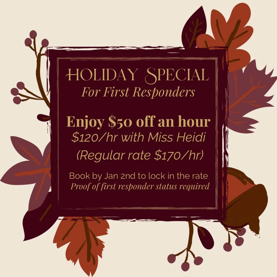 Holiday season treat for our first responders 🎄✨
Miss Heidi is offering $50 off per hour now through Jan 2nd &mdash; lock in the $120/hr rate with a deposit after receiving your quote. (Regular rate $170/hr)

You do not have to be tattooed by Jan 2n