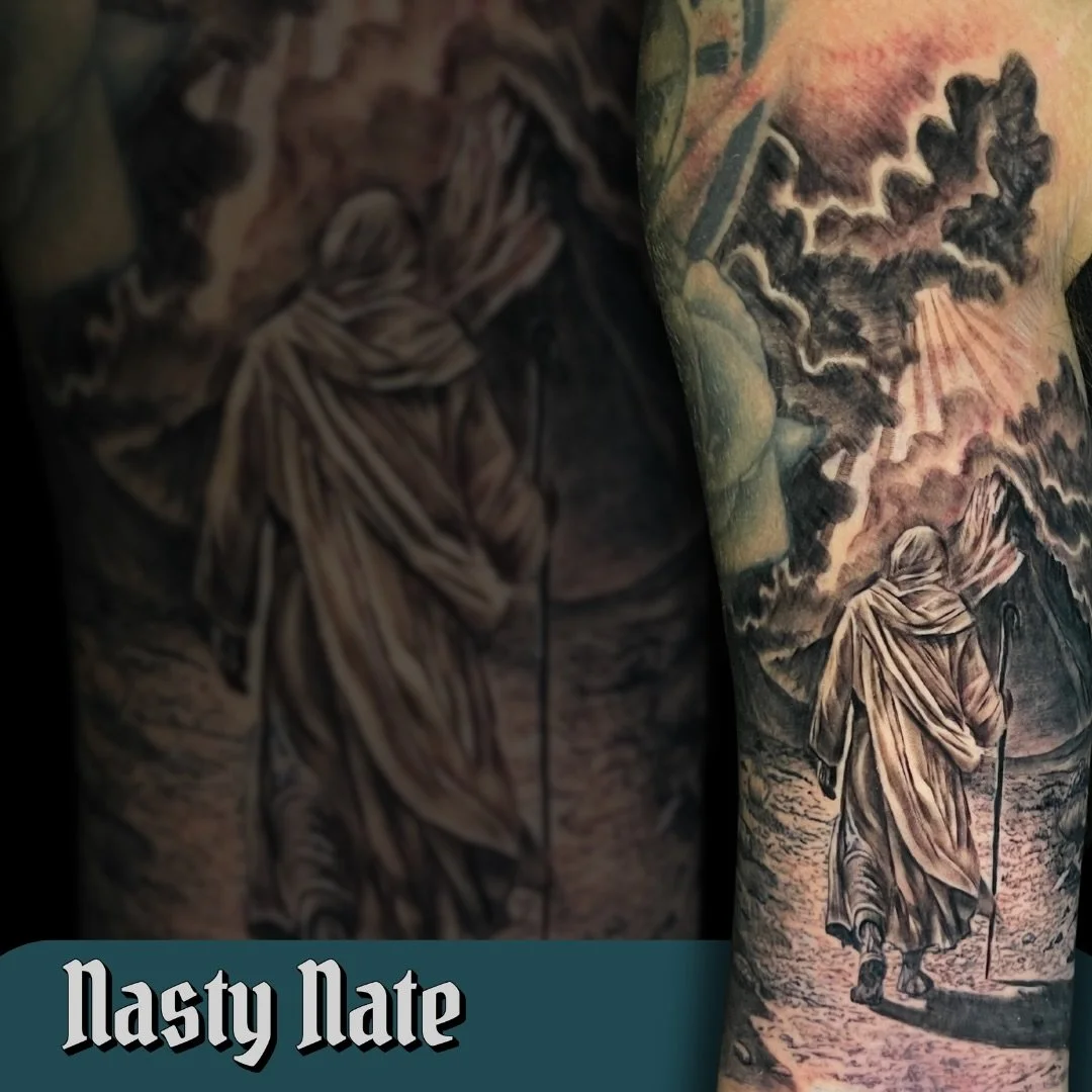 Parting of the Red Sea
Work done by @tattoos_by_nastynate 
.
.
Who else loves a good black &amp; gray piece?
. 
.
Email us at 
📧 heidi@missheidistattoo.com or 
click the link 🔗 in our bio to fill out the inquiry form
.
.
.

#TattooArtistsOfInstagra