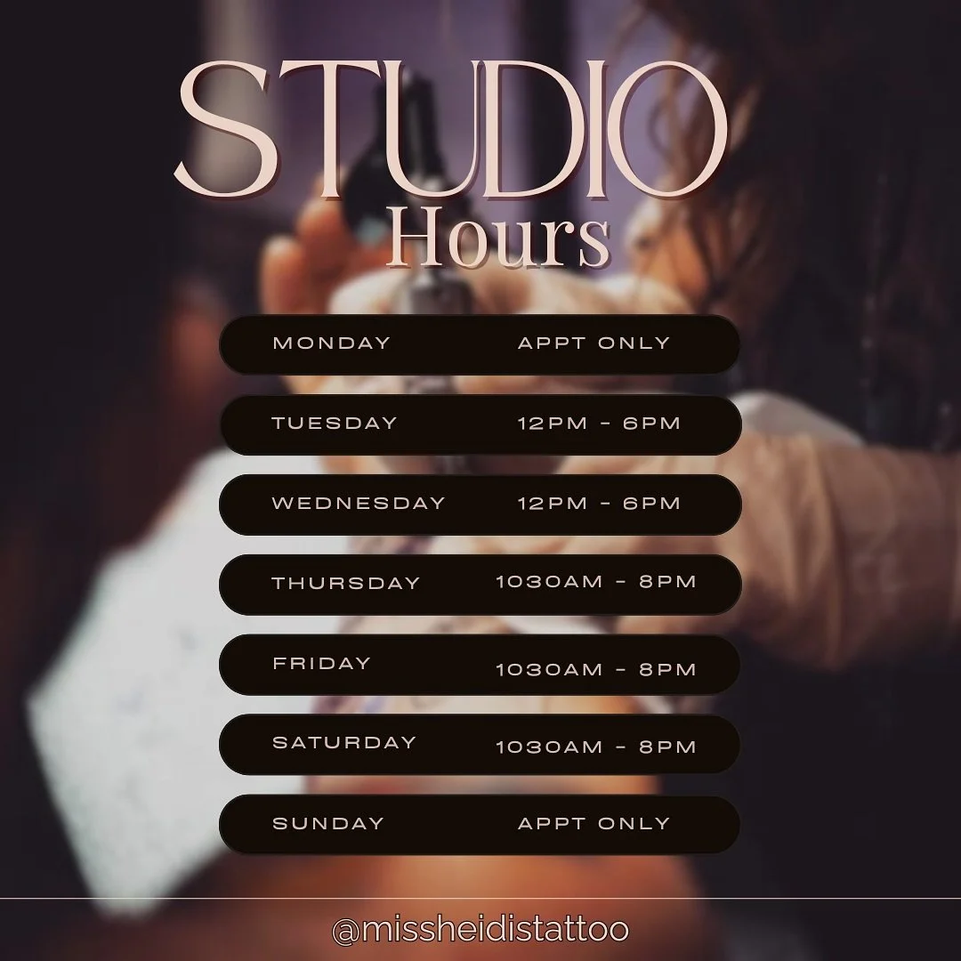 ✨ Studio &amp; Office Hours ✨
Our artists and our front desk run on slightly different schedules.

Studio Hours (Artist availability):
&bull; Mon &ndash; Appt only
&bull; Tues &amp; Wed &ndash; 12pm&ndash;6pm
&bull; Thurs&ndash;Sat &ndash; 10:30am&nd