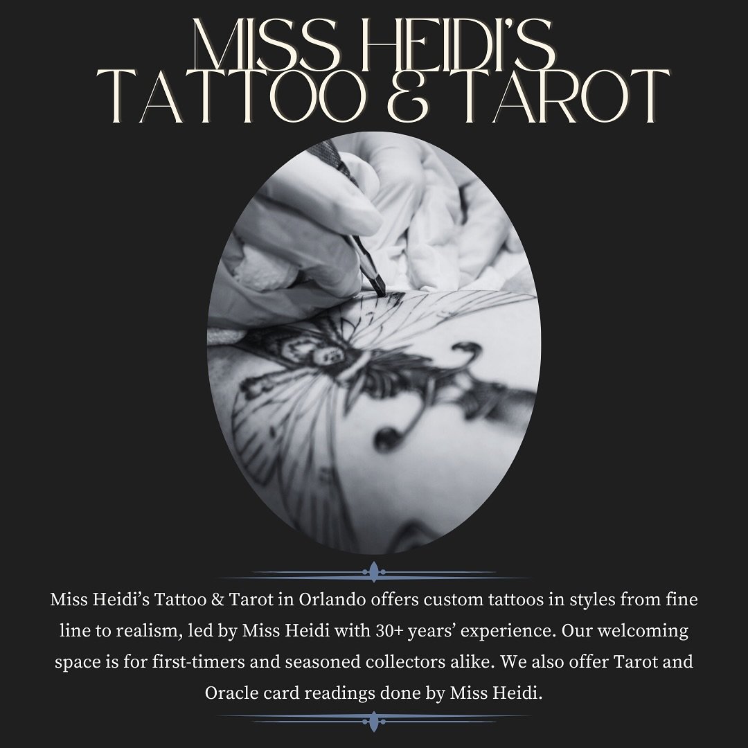 Every artist at Miss Heidi&rsquo;s Tattoo &amp; Tarot brings their own style and experience to the table. From bold black and grey realism to fine line detail, we&rsquo;ve got you covered. Our space is small, laid back, and focused on giving you a so