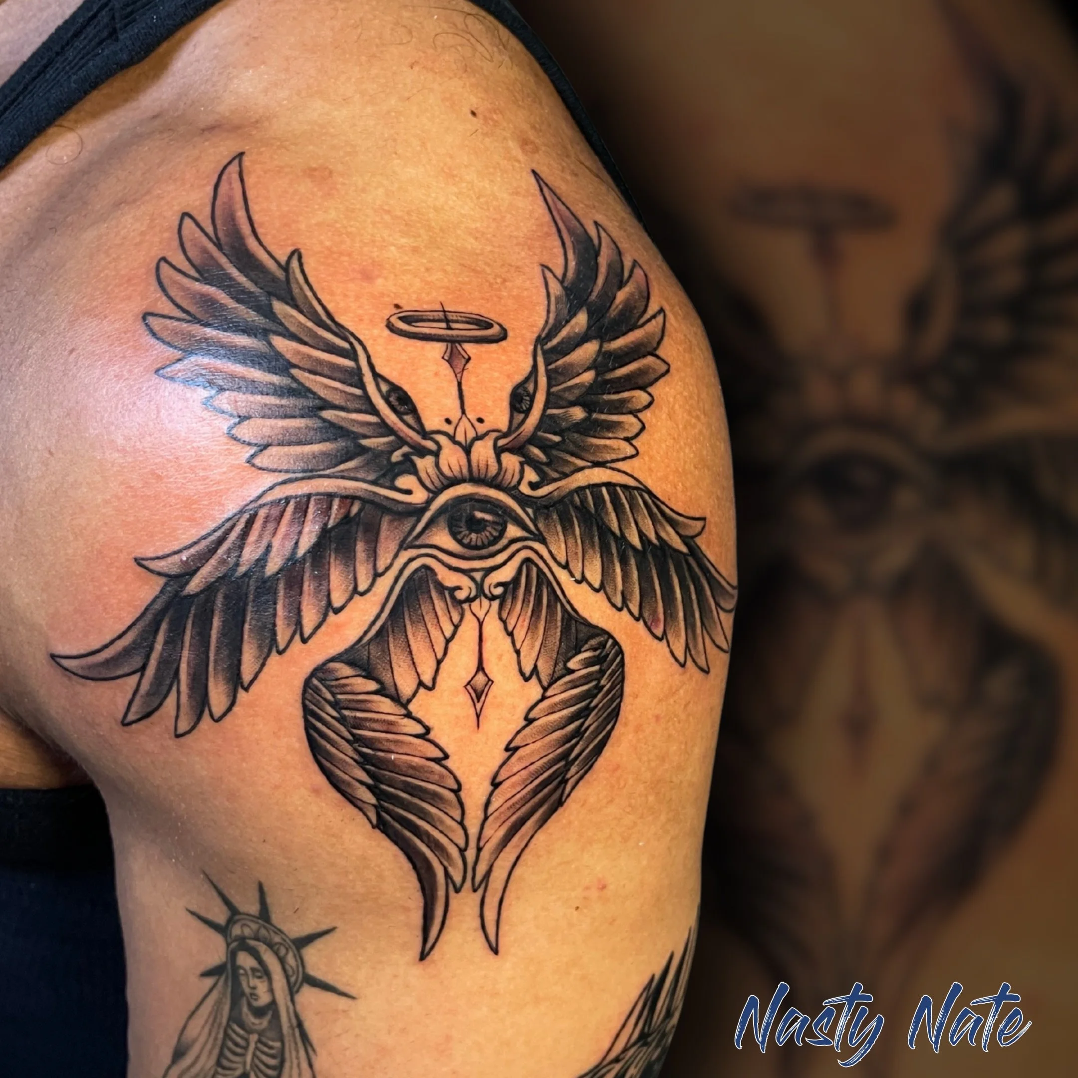 Be Not Afraid.
@tattoos_by_nastynate spent some serious time on the shading for this seraphim, and the contrast is just right. If you&rsquo;re into this darker aesthetic, Nate is the one to talk to.

Nate&rsquo;s booking for the coming weeks, so if y