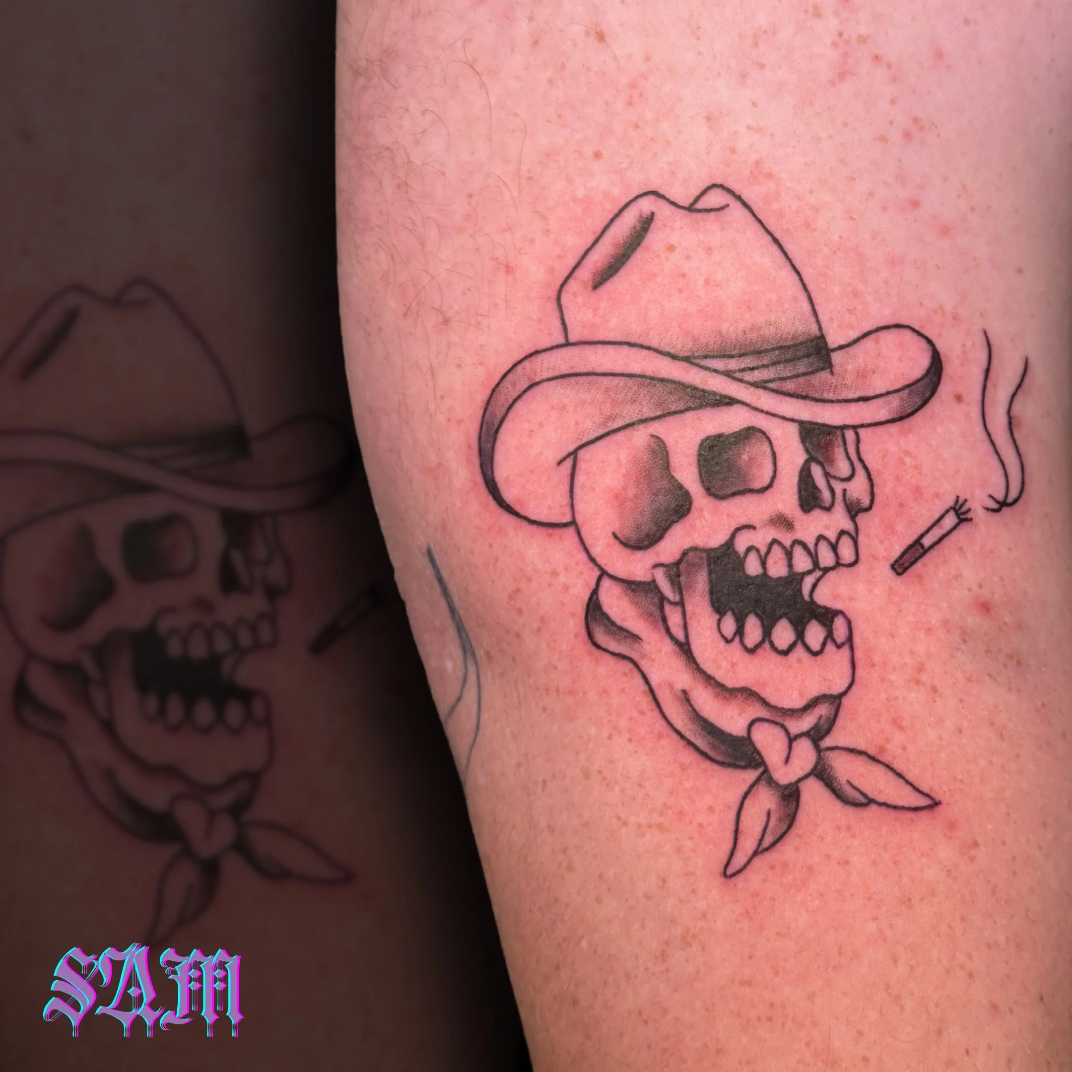 A little cowboy grit for your feed today. 🤠 @samjadeink has been putting out some incredible designs lately, and this smoking skull is a total standout. Bold, clean, and classic.

Is it time to add a classic cowboy piece to your collection? Check ou