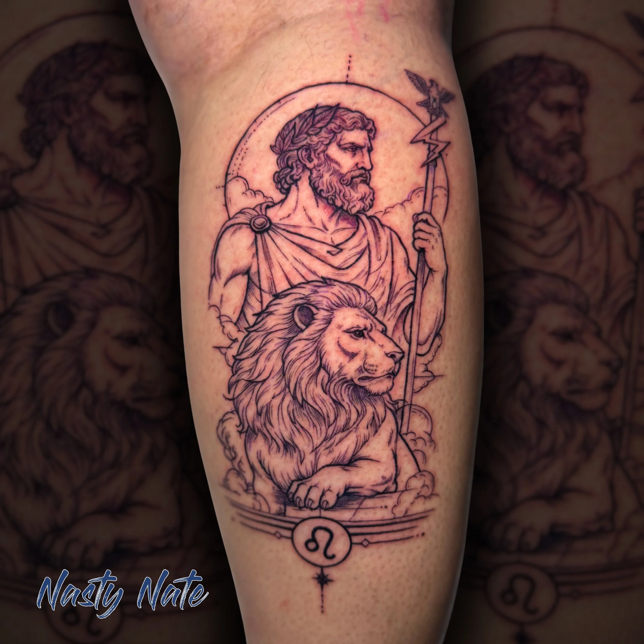 Leo season energy. ♌  @tattoos_by_nastynate put together this custom zodiac piece pairing Zeus with a lion, and the fine linework is crazy clean.

Ready to bring your zodiac or mythology tattoo idea to life? Check out how to inquiry below to check Na