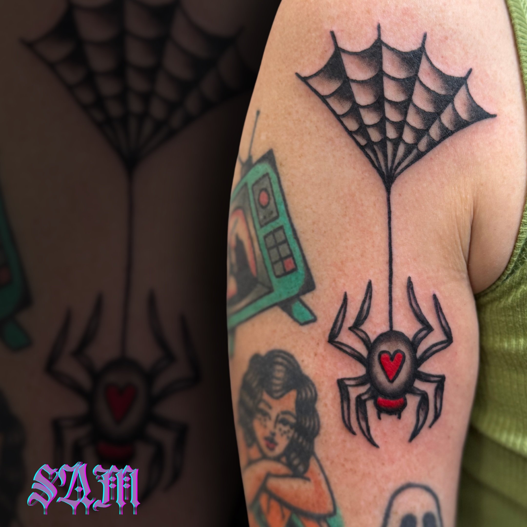 A little spooky, a little sweet. 🕸️❤️
@samjadeink knocked this traditional spider piece out of the park.

Ready to spin up some new ideas for your collection? Sam loves working on traditional flash and custom gap-fillers.

🔗 Link in Bio
📱Text/Call