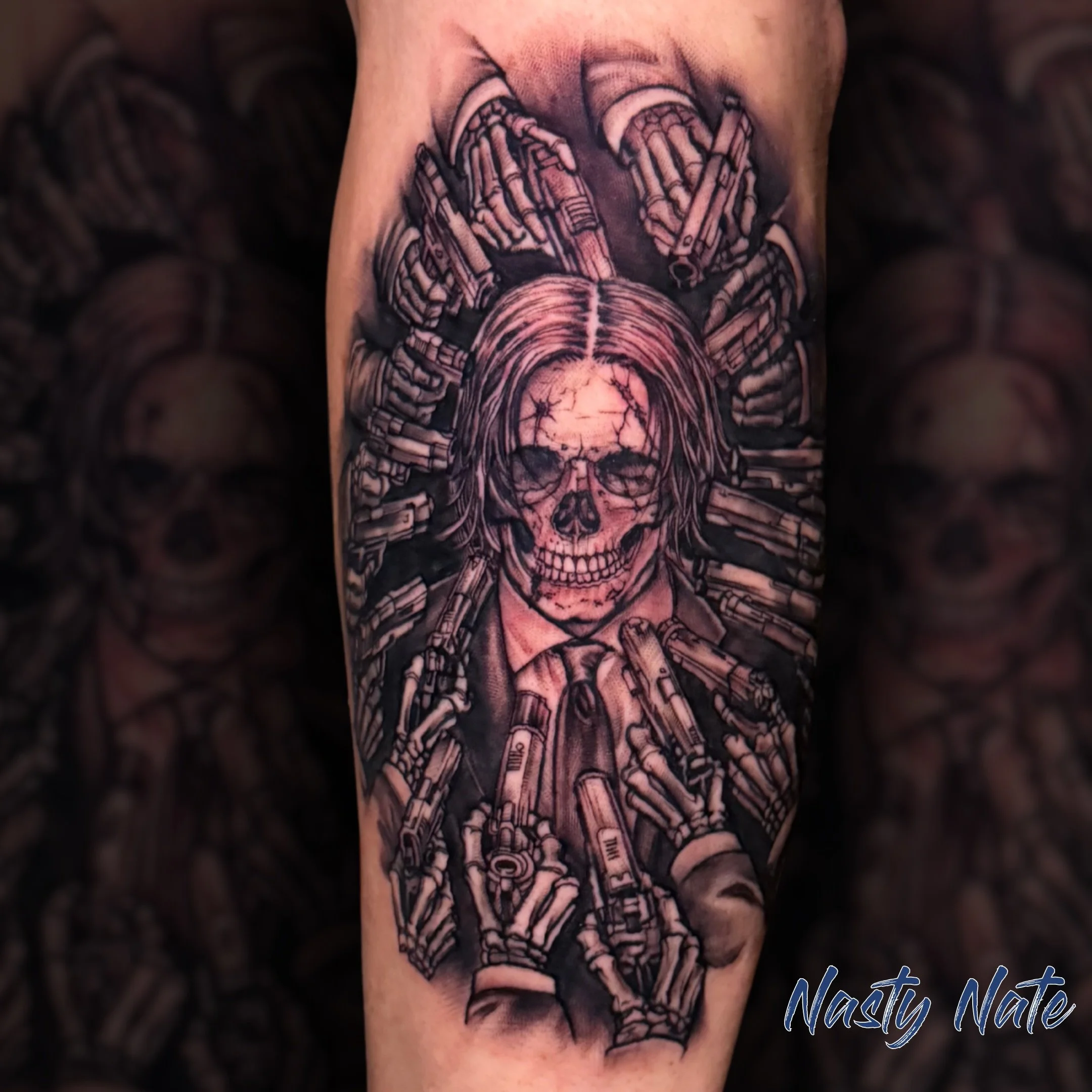 Yeah, I&rsquo;m thinking he&rsquo;s back. 🔫 @tattoos_by_nastynate knocked this custom action-tribute out of the park.

If you had to pick one action movie universe to get tattooed, what are you choosing? 👇Check out below how to get started on your 