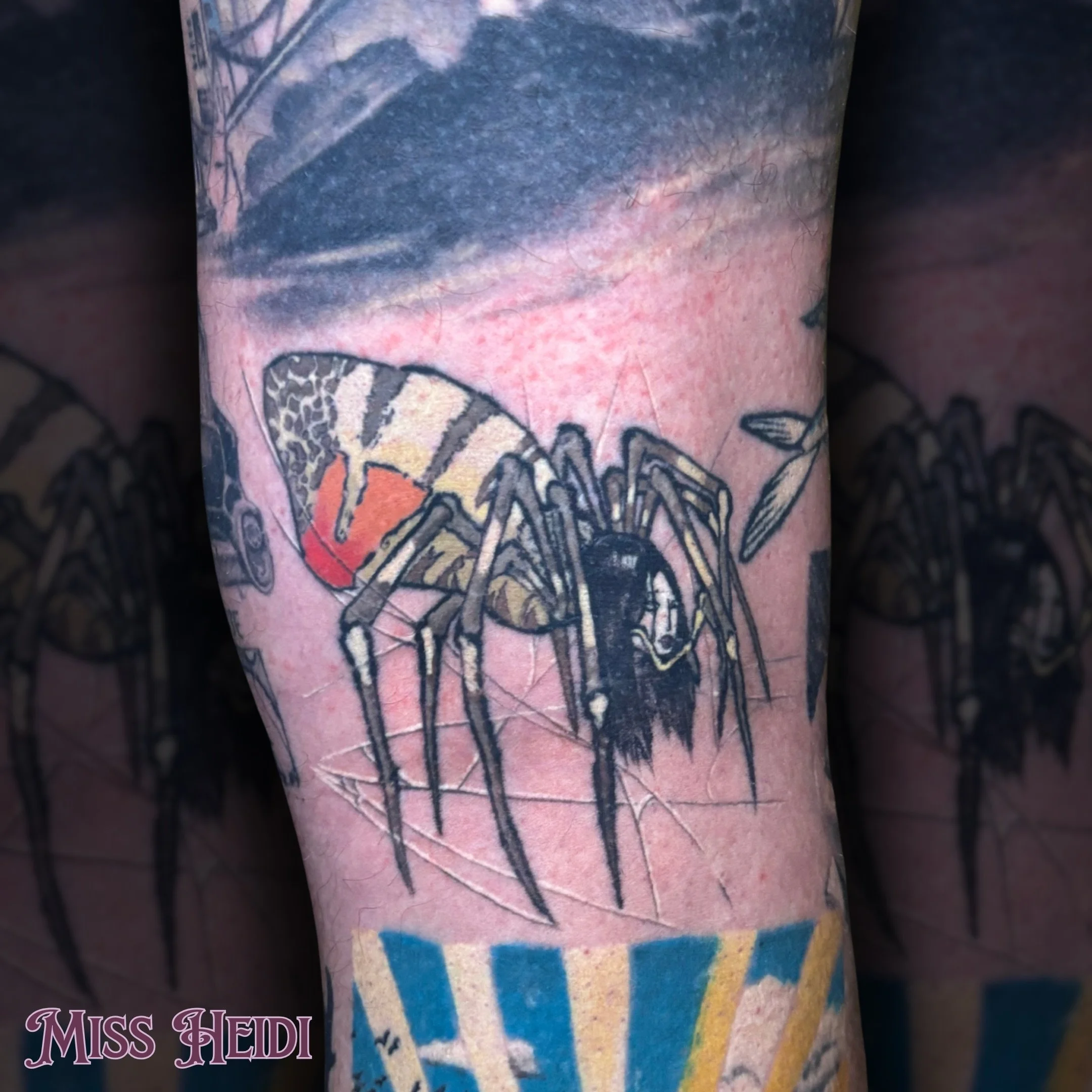 Healed, settled, and holding every bit of its creepy charm. Heidi nailed the balance on this custom Jorōgumo. The way those fine-line web accents settled in behind the main design gives it so much subtle depth.

If you&rsquo;ve been looking to get a 