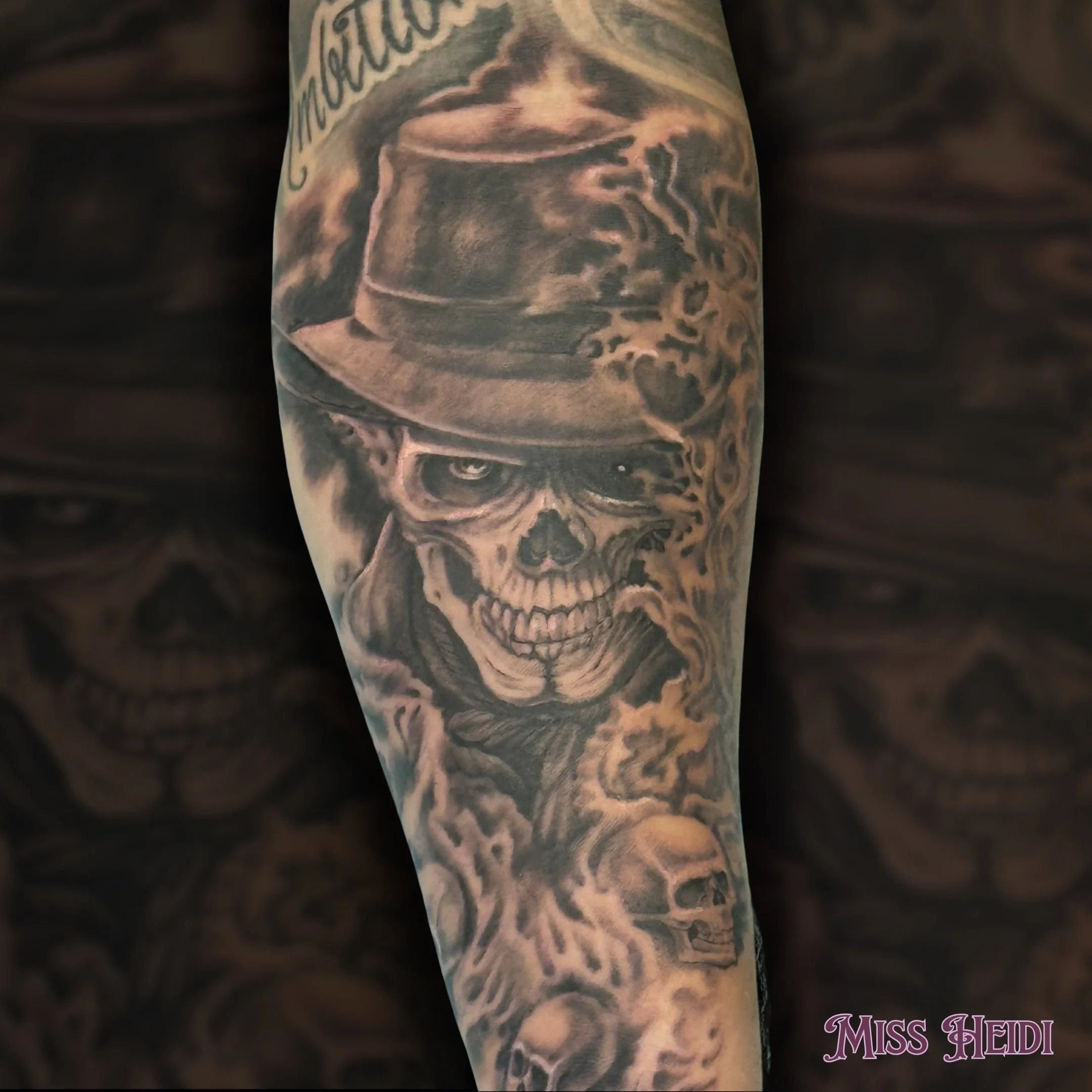 Spooky season is amongst us! Moody atmosphere, sharp line work, and incredible detail in the bone structure. Heidi nailed the gritty vibe on this custom skull portrait piece.

Heidi&rsquo;s books are open for new black and grey realism and dark illus