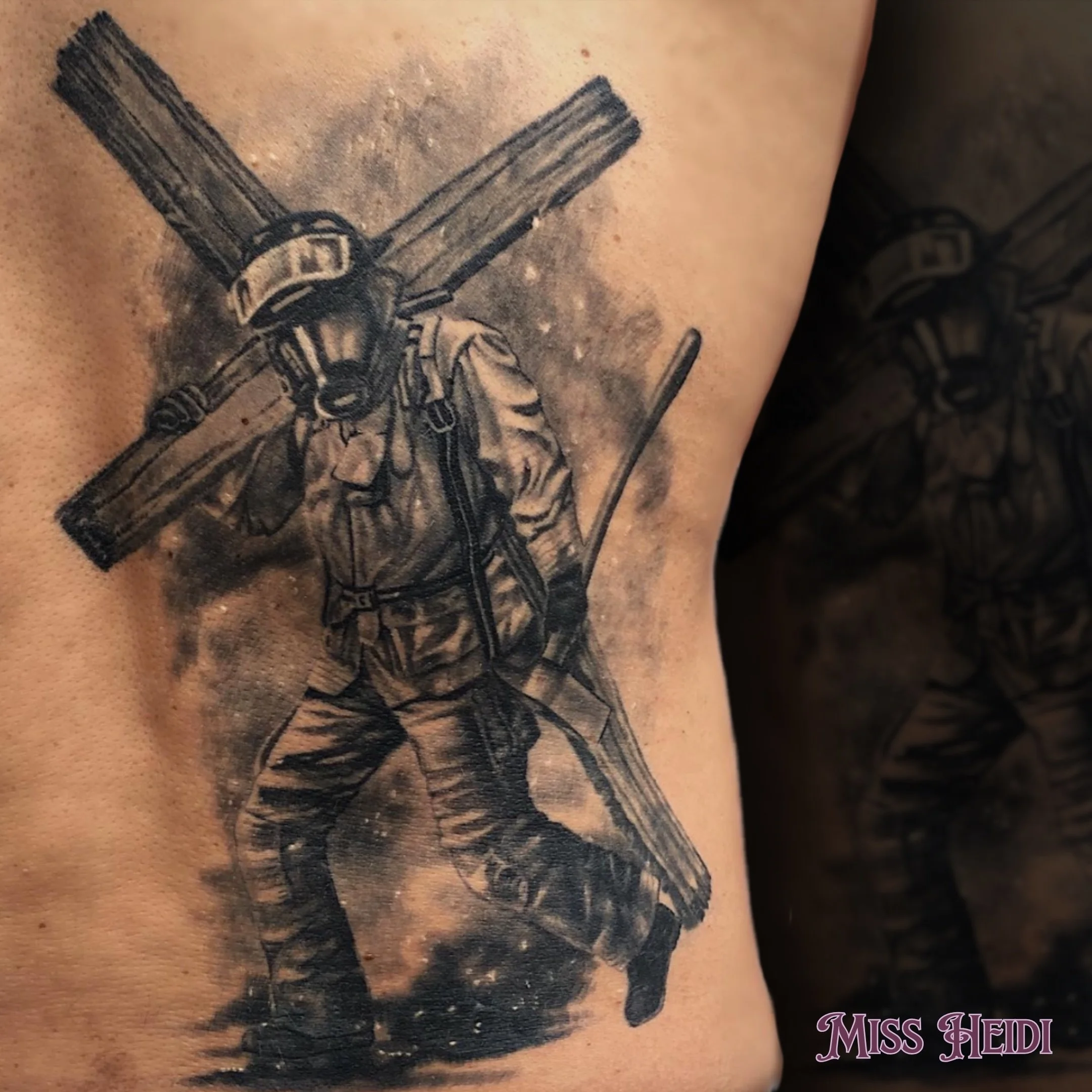 Honoring the courage, sacrifice, and strength of our first responders and all those who were heavily impacted on this day. Miss Heidi worked incredible depth into this custom piece from the wood grain on the cross to the soft, atmospheric smoke and d