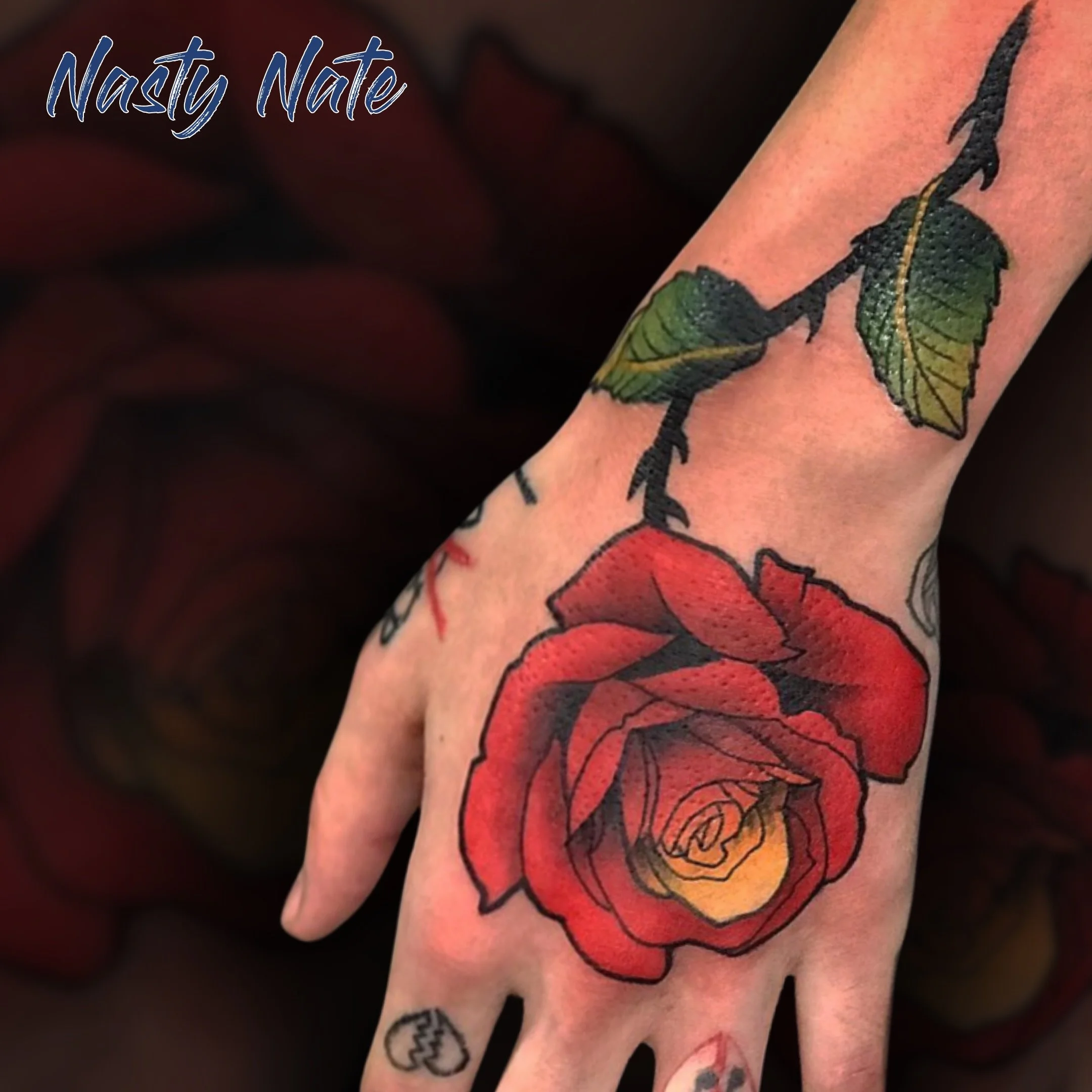 Bold color that you can&rsquo;t miss. 🌹 @tattoos_by_nastynate killed the saturation on this full-color rose. Hand placement takes real precision to make sure the flow sits naturally with how your hand moves, and he nailed this.

Ready to add some vi