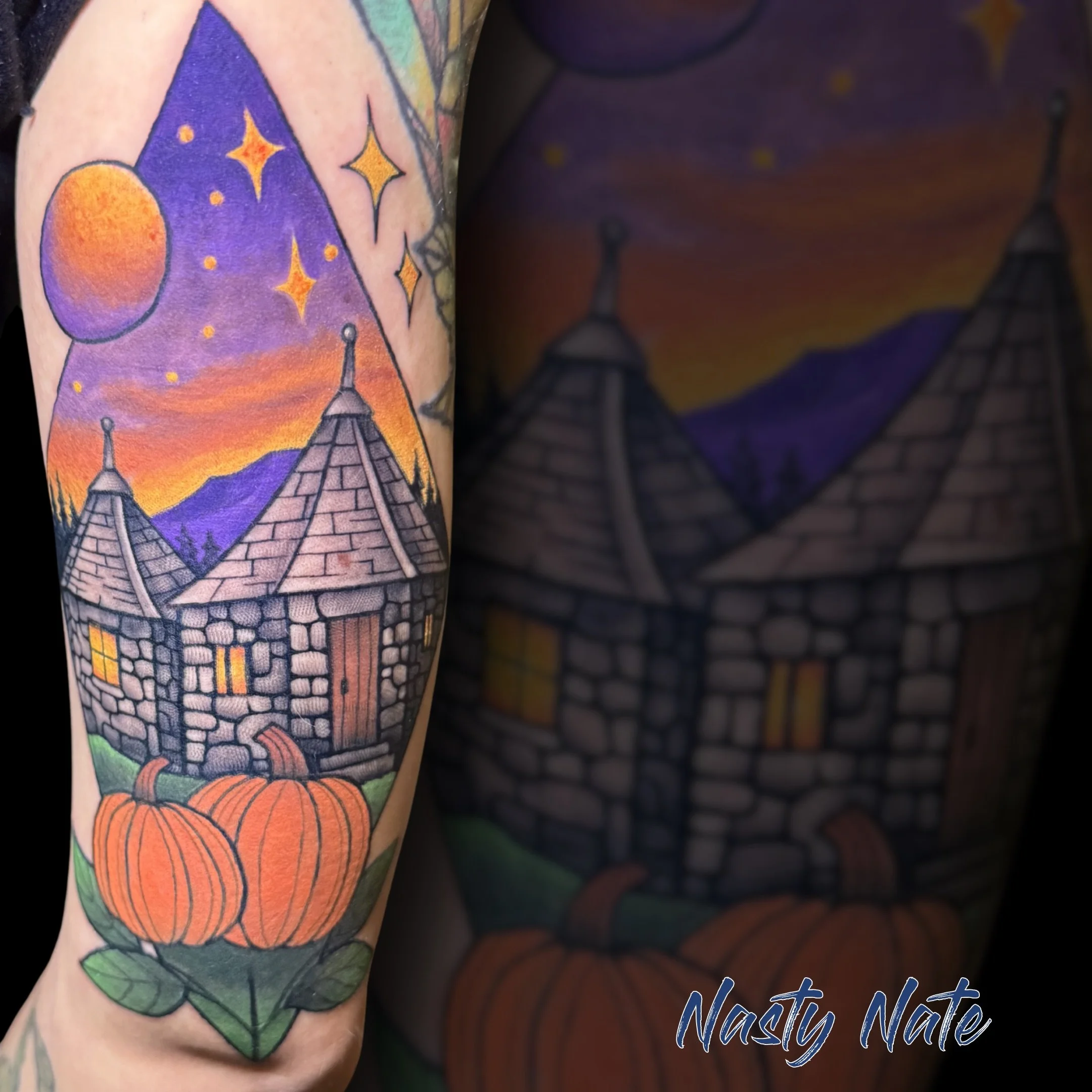 Feels like stepping right onto the grounds. 🎃 @tattoos_by_nastynate killed the linework and full-color shading on this magical landscape. If you want a bold, full-color piece that pops off the skin, Nate is your guy!

What Hogwarts house are you rep