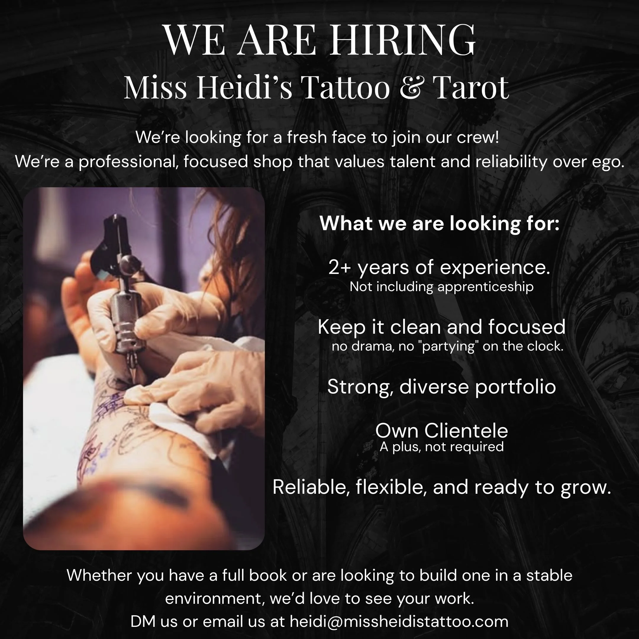 We are now accepting artist applications for a spot at Miss Heidi&rsquo;s Tattoo and Tarot! Please DM or email us your work at heidi@missheidistattoo.com
#nowhiring #orlandotattoos #orlandotattooartists