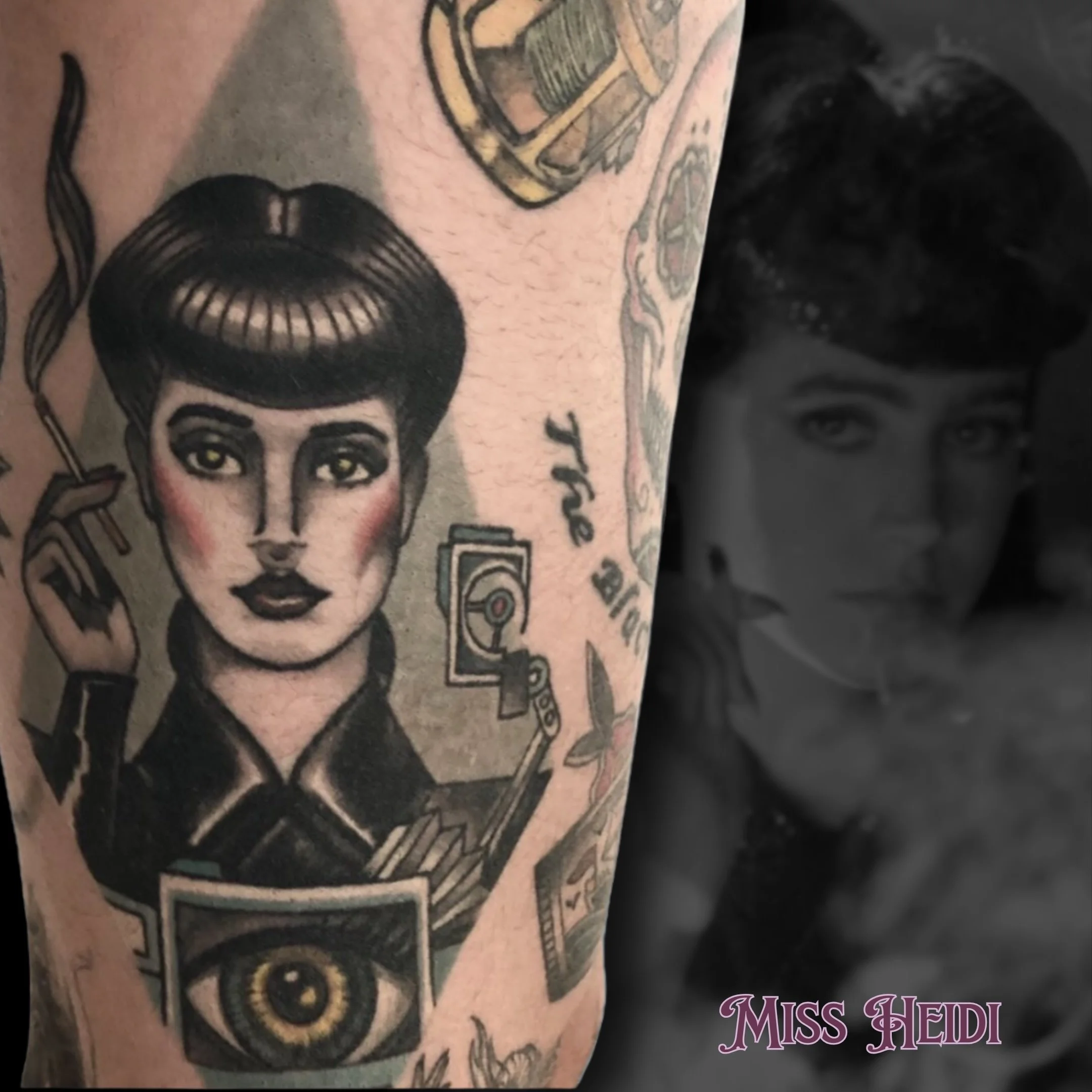 Rachael from Blade Runner, custom-made by Heidi. From the rising cigarette smoke to the Voight-Kampff machine details, this piece is pure cyberpunk nostalgia.

Thinking of bringing an iconic film design to life? Don&rsquo;t let your tattoo ideas get 