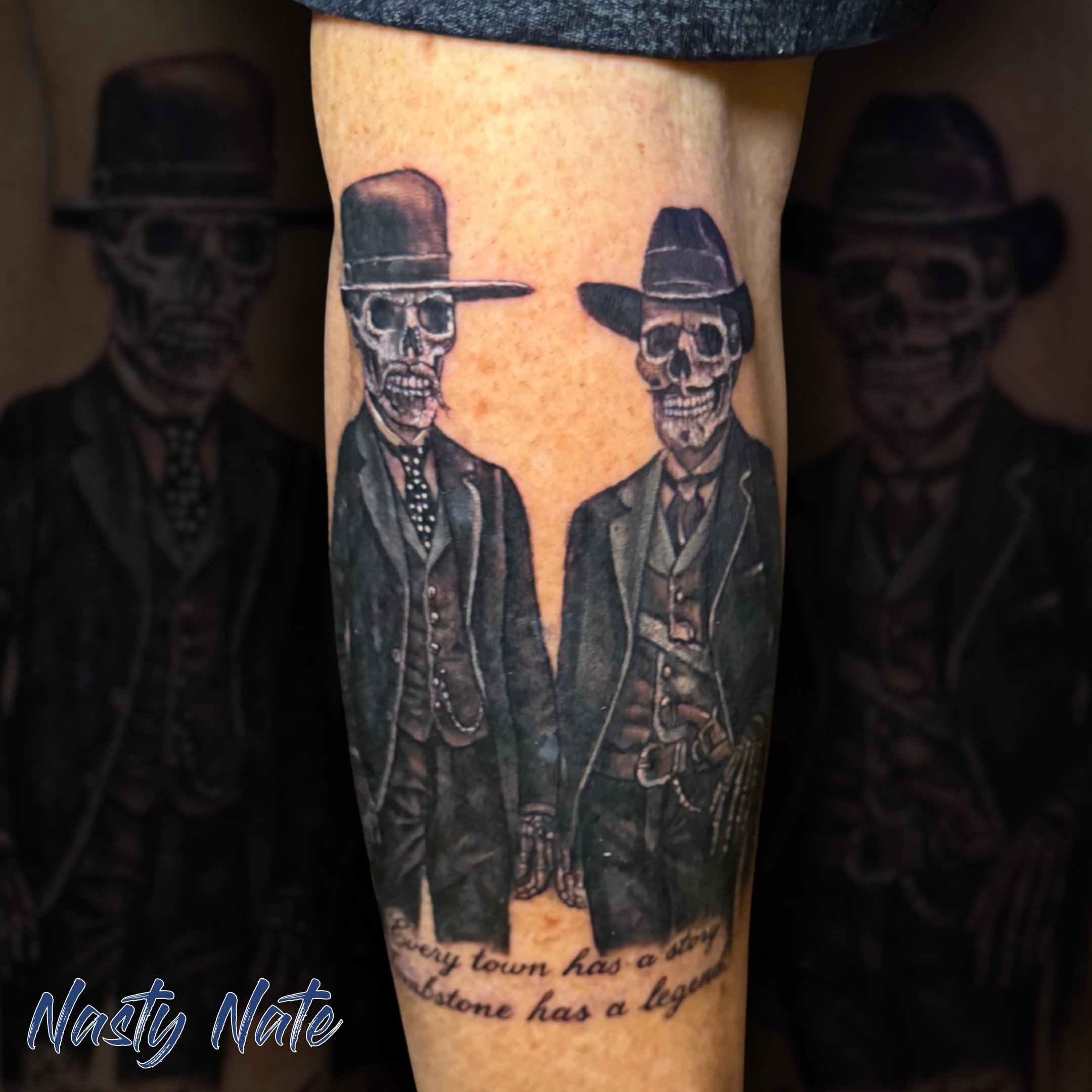 Say when. 🤠 Take a look at the heavy blackwork and smooth bone textures @tattoos_by_nastynate pulled off on this Tombstone piece.

Who&rsquo;s your favorite Western movie character of all time? Drop your pick below! 🌵

Nate is taking on new project