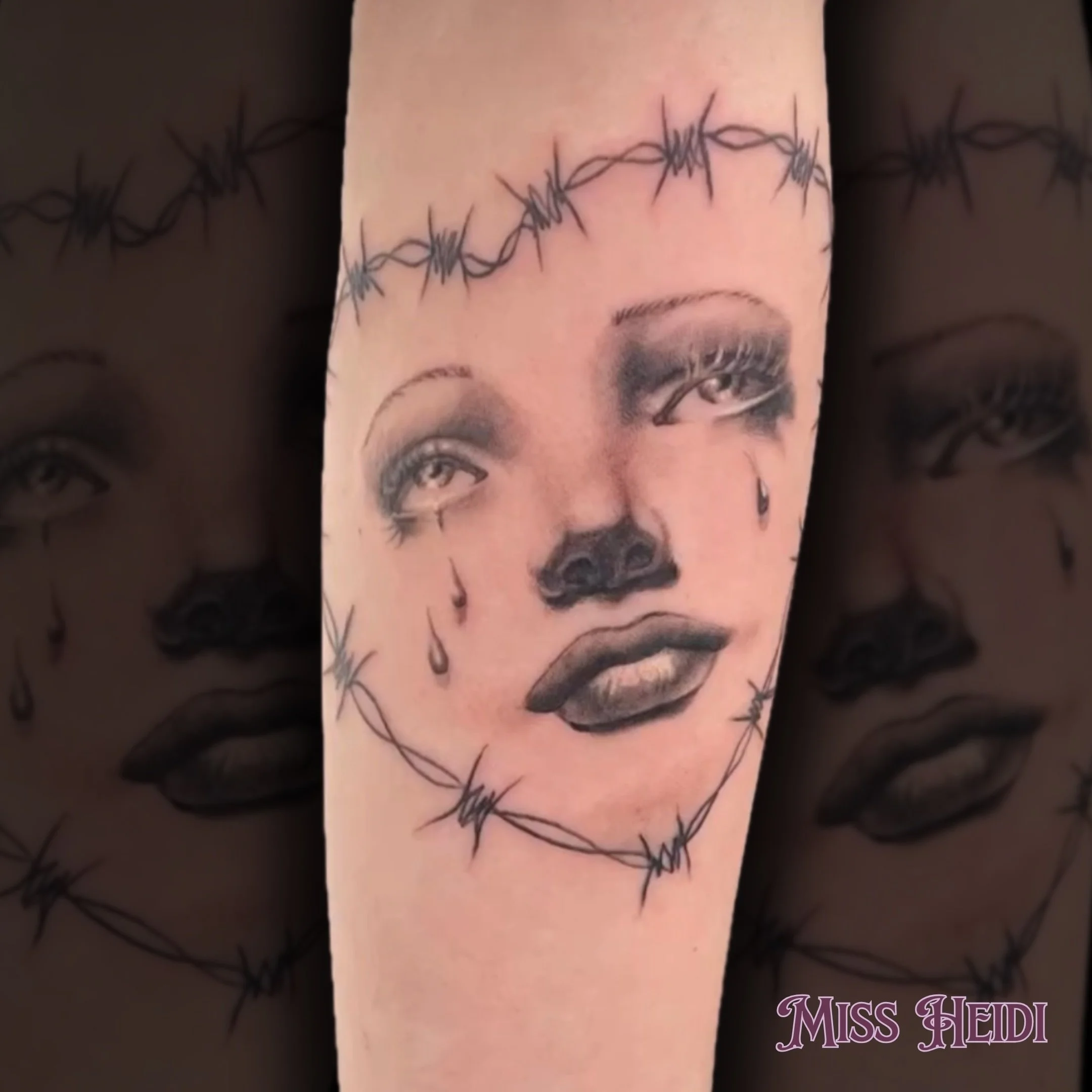 Barbed wire heart meets soft crying realism. 
Miss Heidi absolutely slayed this custom piece.

Got a moody or dark-aesthetic concept in mind? Miss Heidi is currently taking on new projects! 
Let&rsquo;s get you on the books ⬇️

🔗Click link in the bi