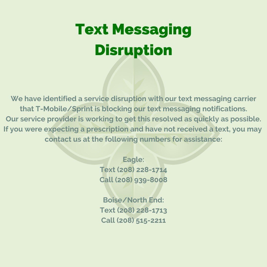 We have identified a service disruption with our text messaging carrier
 that T-Mobile/Sprint is blocking our text messaging notifications. 
Our service provider is working to get this resolved as quickly as possible.
If you were expecting a prescrip