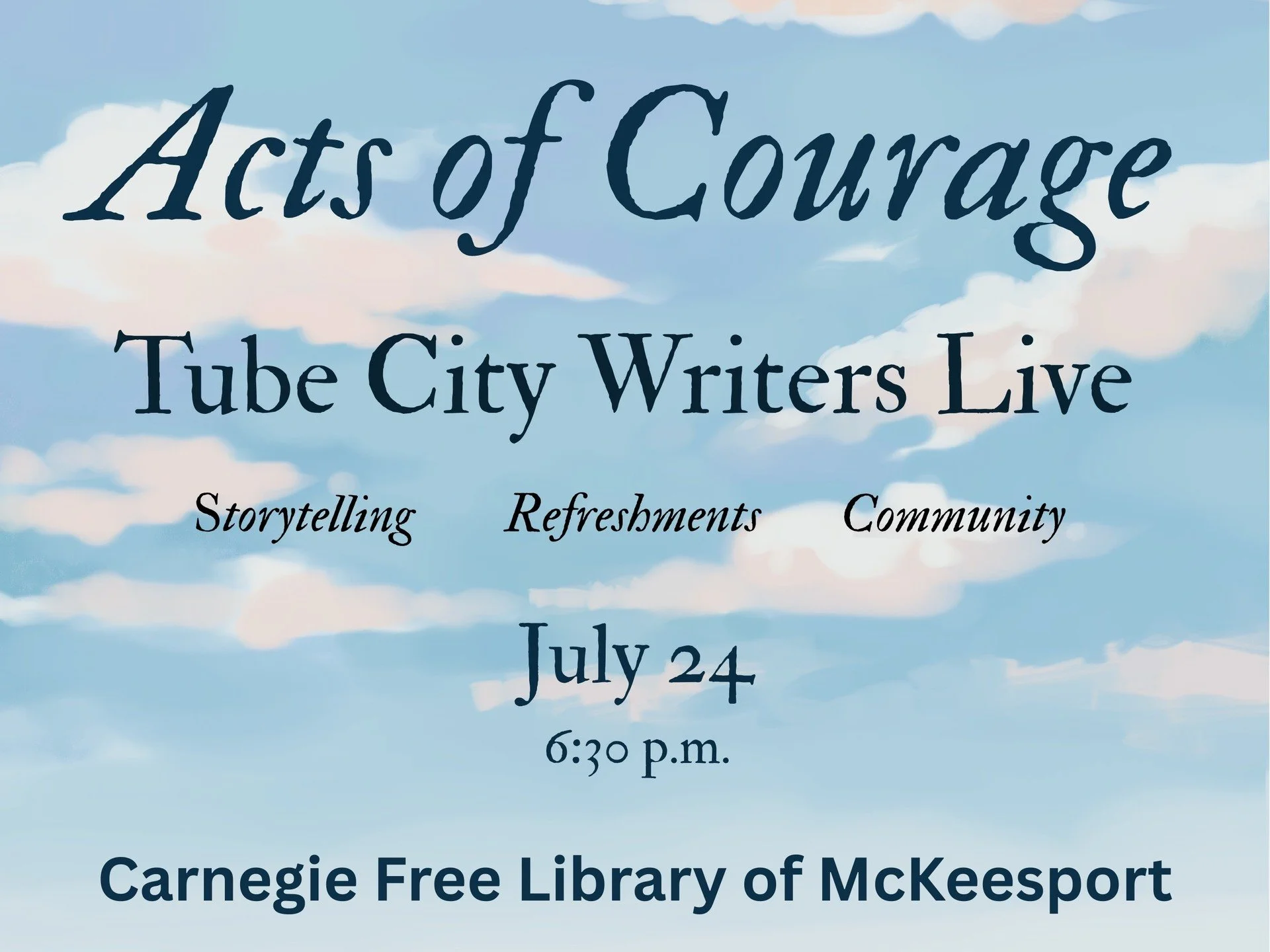 We are hosting our 6th Annual Tube City Writers Live on July 24 at 6:30 p.m. on the steps of the Carnegie Free Library of McKeesport. 

This year, our writers will be sharing stories about brave and resilient Mon Valley residents whose Acts of Courag