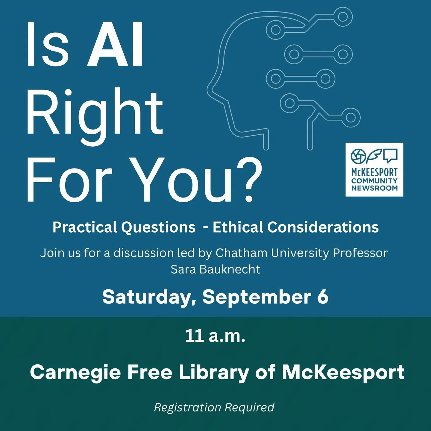 Is AI right for you? Our upcoming presentation @mckeesportlibrary on Saturday, September 6 at 11 a.m. will guide you through important points to consider when using artificial intelligence. 

Please join us for a discussion about fairness, responsibi