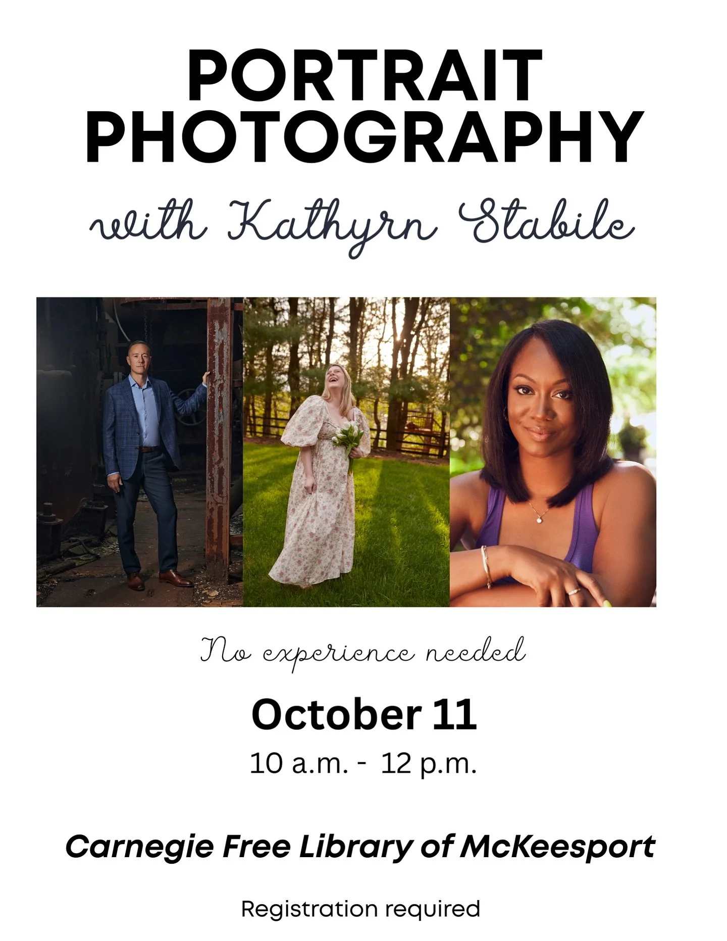 We are thrilled to share that personal branding photographer@kathyrnstabilephoto will host a portrait photography workshop next Saturday, October 11 @mckeesportlibrary from 10 AM to 12 PM. 

Kathyrn will help participants take their portraits to the 
