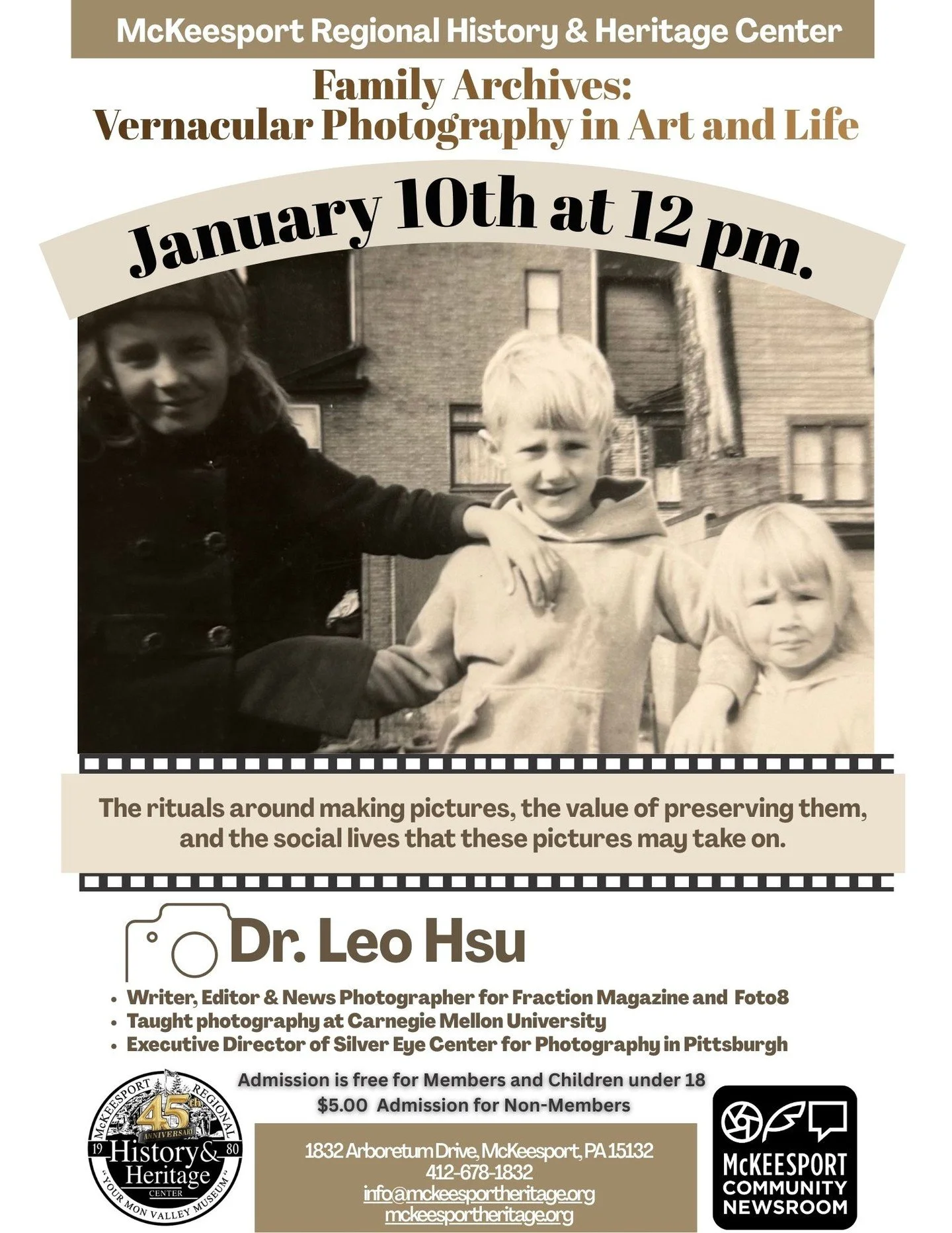 We are delighted to partner with @mckeesportheritage to present Family Archives: Vernacular Photography in Art and Life led by @leohsu of @silvereyecenter on Saturday, January 10 at noon. 

Dr. Hsu will discuss how vernacular photography (everyday pi