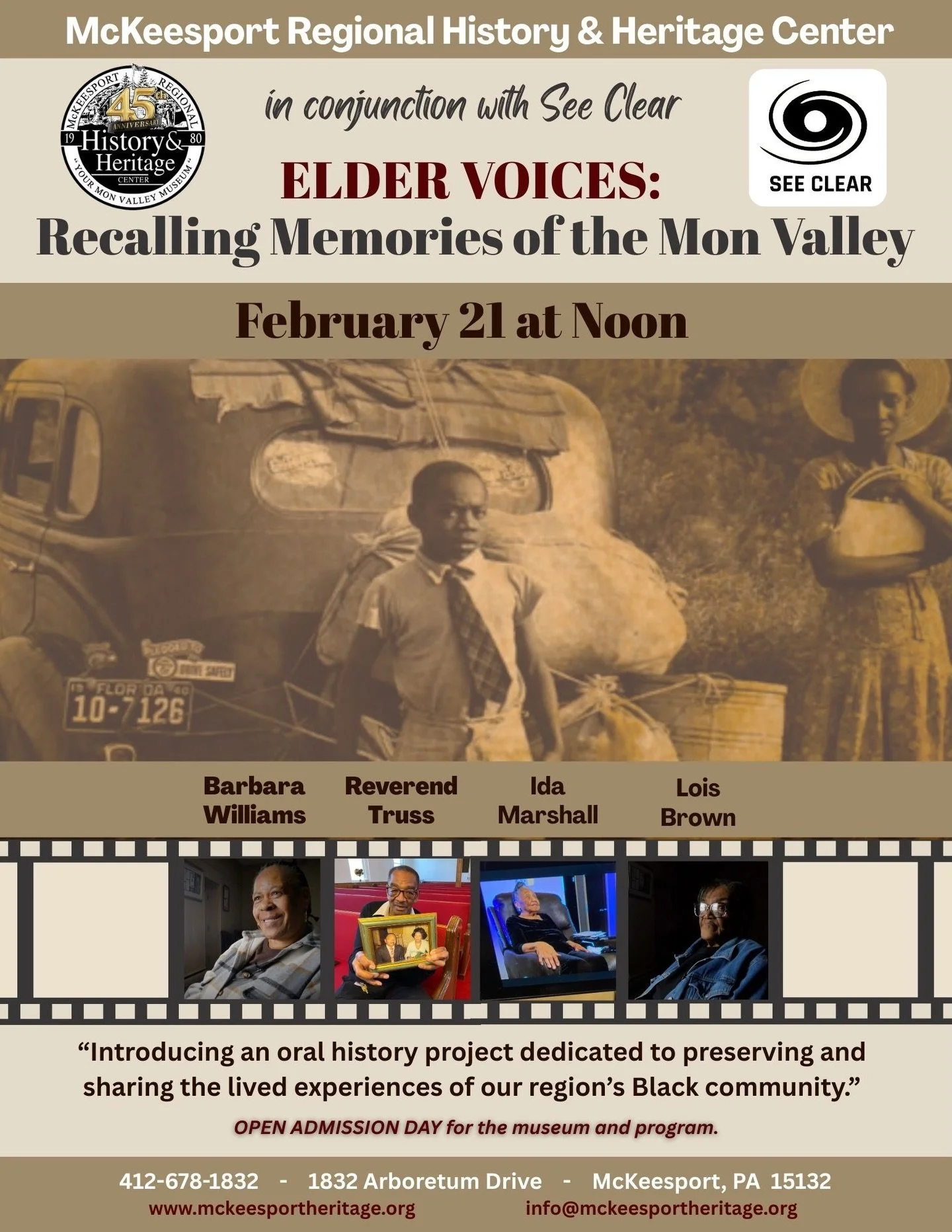 @isee_clear and @mckeesportheritage will launch an oral history project Elder Voices: Recalling Mon Valley Memories on Saturday, February 21 at the McKeesport Regional History &amp; Heritage Center. 

Don&rsquo;t miss this opportunity to hear differe