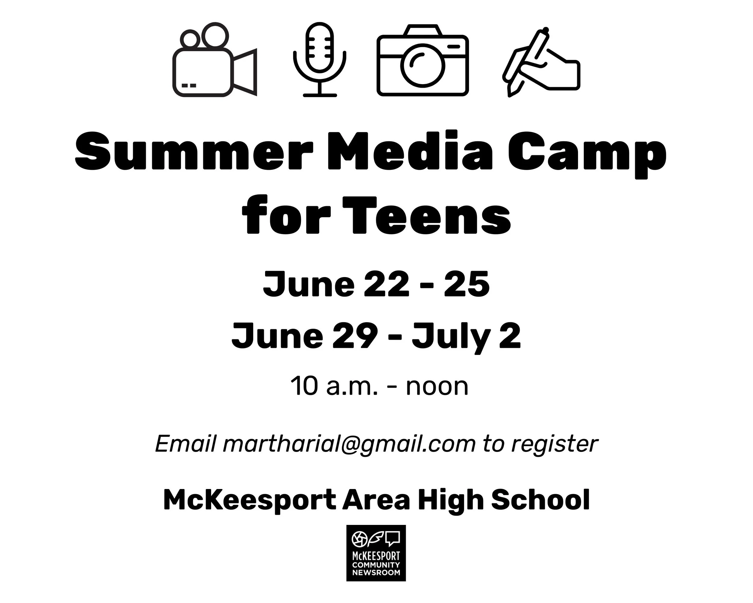 Our Summer Media Camp is perfect for teens who love to create and want to strengthen their storytelling skills. Camp begins June 22 and is open to McKeesport Area High School students entering grades 9-12 in the fall. 

Participants may choose betwee