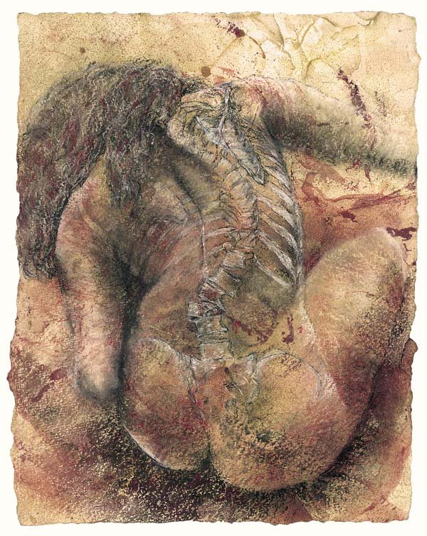Crouching figure with visible skeleton